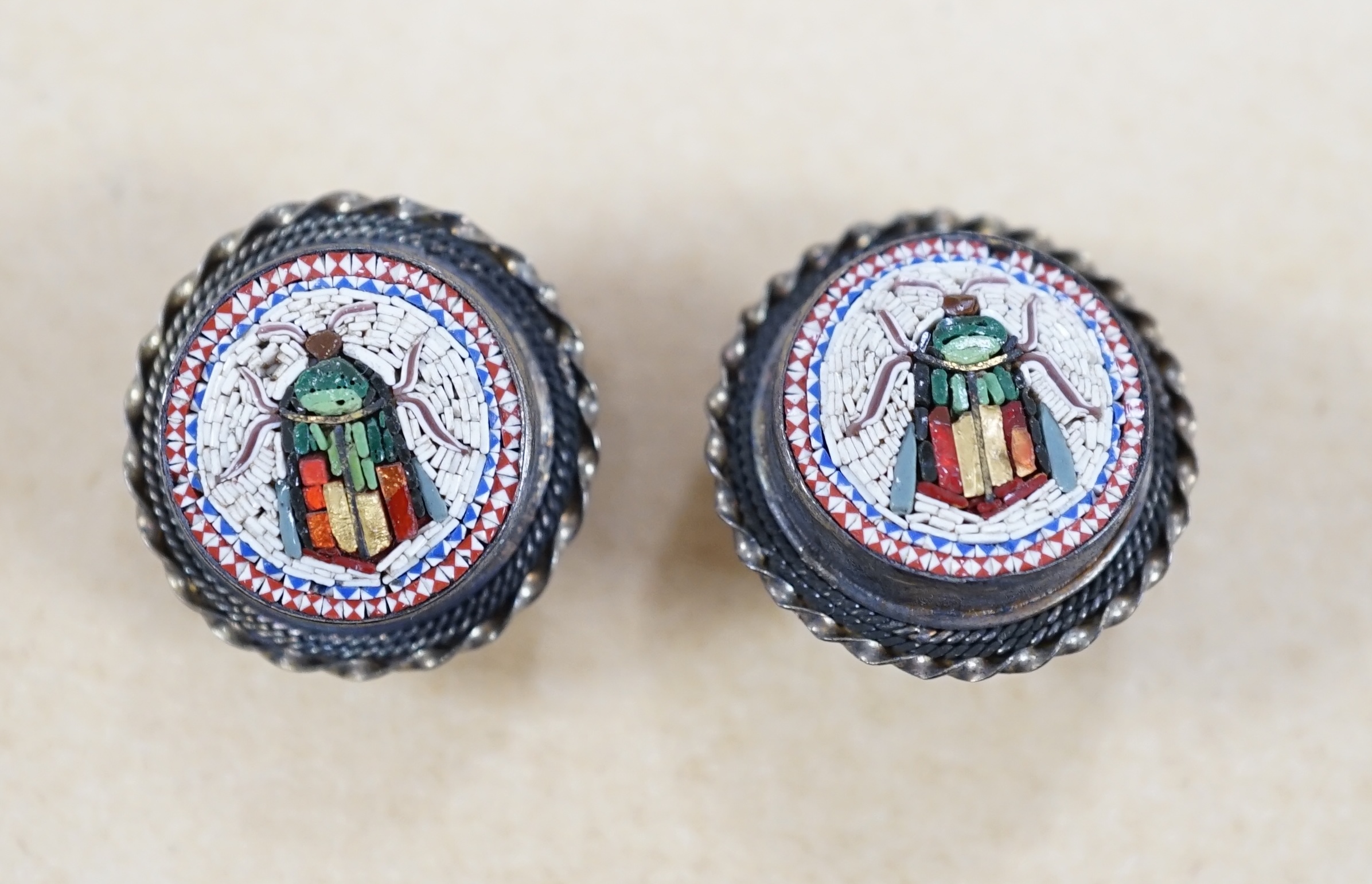 A pair of 19th century micro-mosaic scarab beetle buttons, 2cm wide. Condition - good